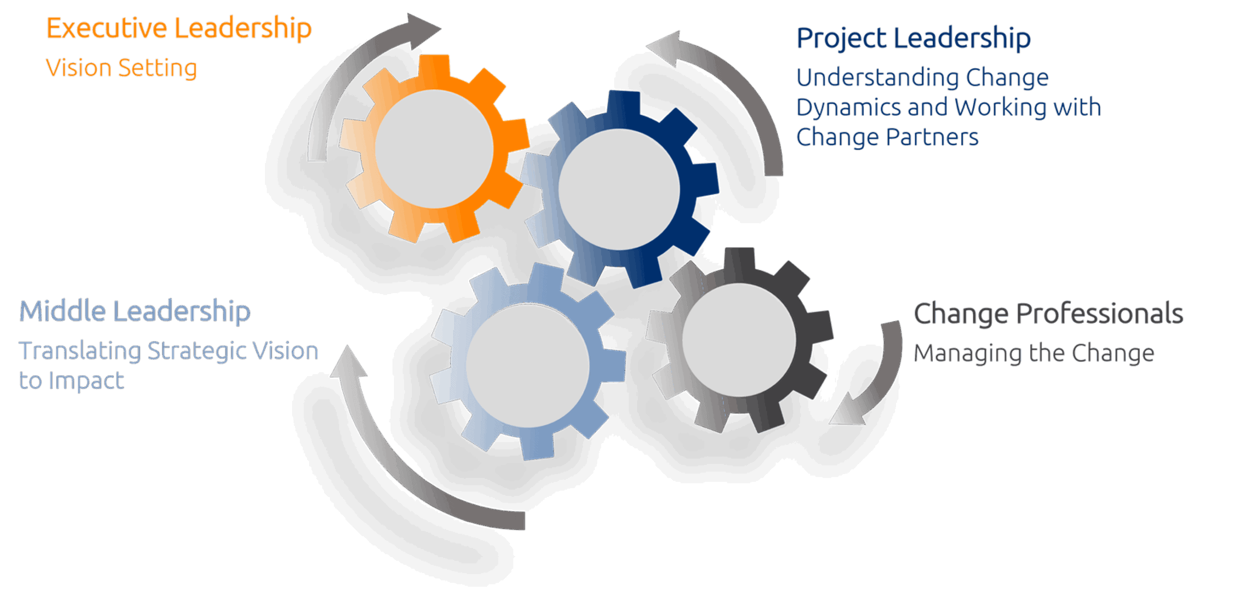 Learning Programs Diagram Organizational Change Management (OCM) Learning Programs
Executive Leadership
Middle Leadership
Project Leadership
Change Professionals